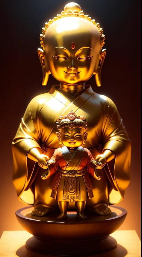 masutepiece, Best Quality, hight resolution,Fantastic,Upper body,1 old god men, Buddhist statue sculpture,b Symmetrical,benzaiten,daikokuten, Bald, Smile, shining background,Halo,golden colors,Golden kimono,Japanese dress,Clothes,sacredness