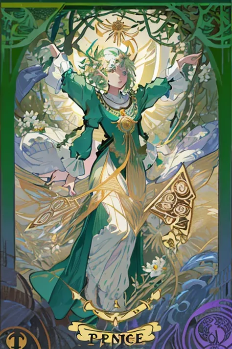 tmasterpiece、topquality、Alphonse Mucha、Jugendstil、
 (Tarot card style:1.3)、Unique Tarot Card Structure, including floral and green elements、Upper torso、looking at the viewers、
In the middle of a green garden、The Mysterious Girl 、Dance with Unearthly Creatu...