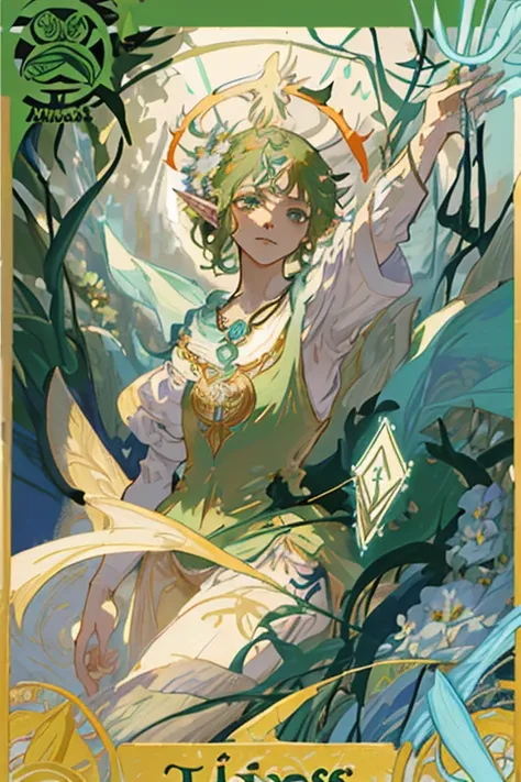 tmasterpiece、topquality、Alphonse Mucha、Jugendstil、
 (Tarot card style:1.3)、Unique Tarot Card Structure, including floral and green elements、Upper torso、looking at the viewers、
In the middle of a green garden、The Mysterious Girl 、Dance with Unearthly Creatu...