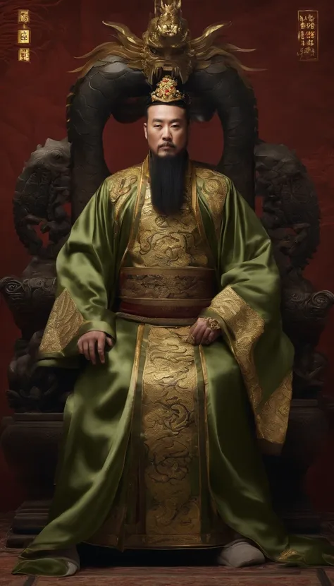 Emperors of ancient China，Wearing a dragon robe，Wearing a beaded crown，Wearing a jade ring on the hand，Dark gold and black dragon robe，The domineering power of the king，sitting on a dragon chair，In the main hall of Jinluan Palace，full body shot shot，Surrea...