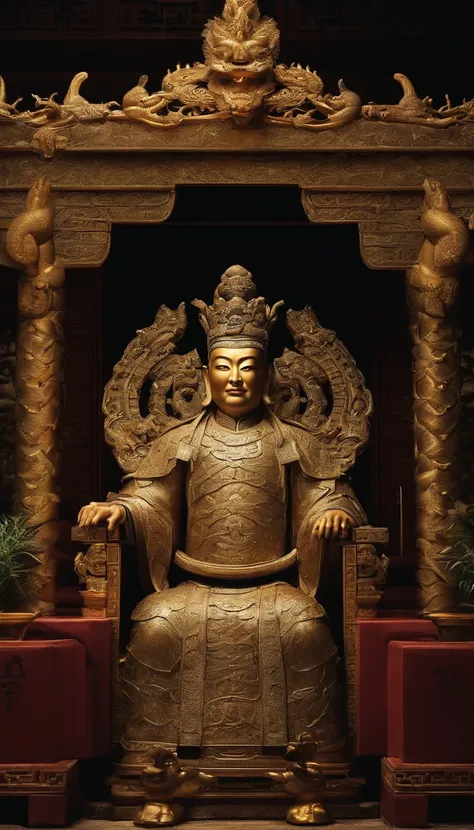 Emperors of ancient China，Wearing a dragon robe，Wearing a beaded crown，Wearing a jade ring on the hand，Dark gold and black dragon robe，The domineering power of the king，sitting on a dragon chair，In the main hall of Jinluan Palace，full body shot shot，Surrea...