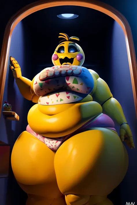 Chica from Five Nights at Freddys, ((insanely big thighs)), ((fat rolls)), ((gigantic hips)), massive lower body, (thighs several times wider than body), thighs occupy lower half of frame, ((looking down at her own thighs)), shocked face, ((massive thighs)...