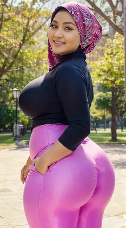 masterpiece, high quality photos, detailed photos, beautiful chubby Malay woman wearing a hijab, has super plump breasts, wearing a tight t-shirt, sexy leggings, big buttocks, posing smiling in the park, detailed body description, detailed facial descripti...