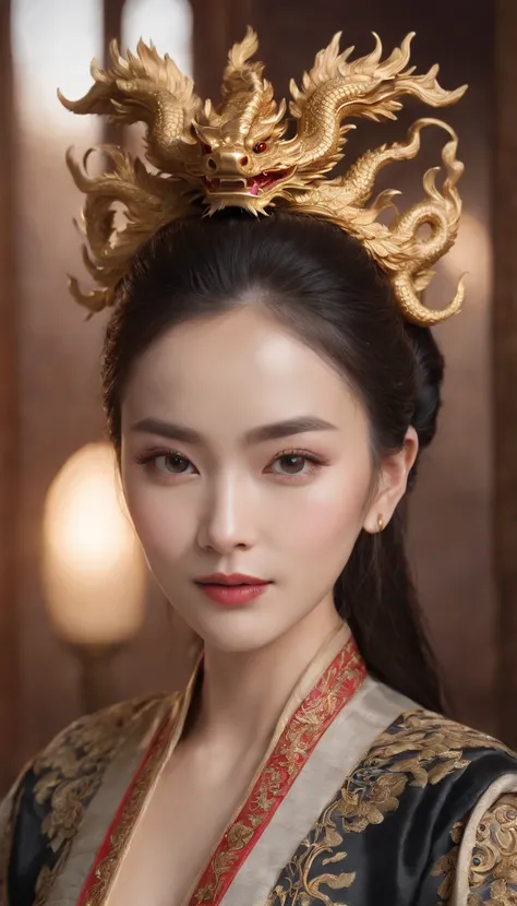 (best quality,4k,highres,masterpiece:1.2),ultra-detailed,realistic,portrait,detailed eyes,noble expression,detailed lips,long eyelashes,[Imperial Dragon Robe],gold and black,dragon embroidered,regal posture,emperor,throned on a Dragon Throne,ornate,[Golden...