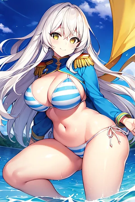 1girl, large breasts, thick thighs, wide hips, blue jacket, yellow eyes, white hair, horizontal stripes, striped bikini, smile, happy, light smile, long hair, open jacket, bikini, 2d, anime style, anime screencap, epaulettes, (blue stripes)