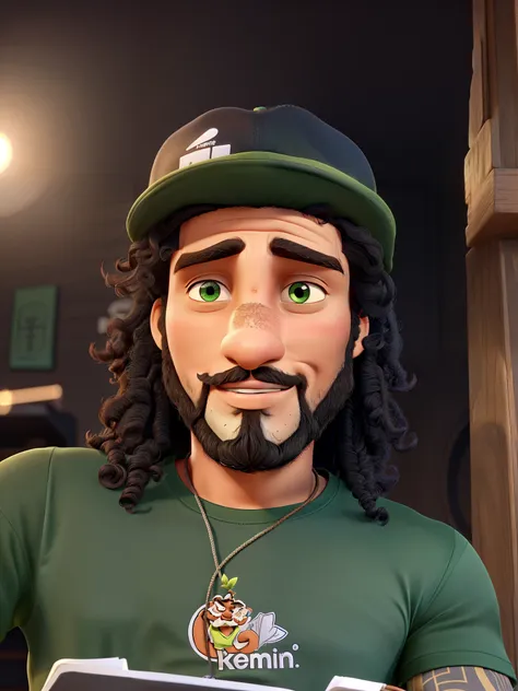 A dark-skinned man With a beard Long, curly hair Wearing a cap and a green t-shirt