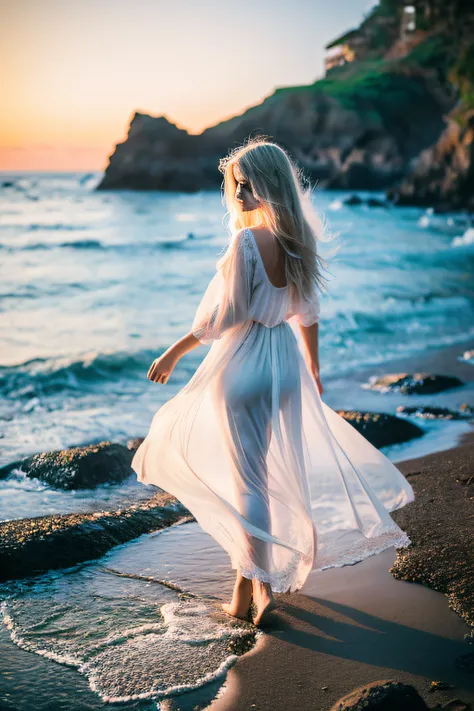 Blonde beauty, adorned in ethereal attire, strolling along a moonlit shoreline, beneath a canopy of twinkling stars, in a tranquil seascape, with gentle waves caressing the sandy beach, ethereal, enchanting, watercolor style, soft, photography, reality, 4k...