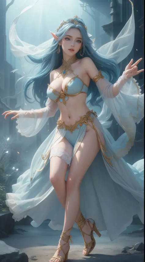 tmasterpiece，Highest image quality，Beautiful full body portrait of noble elf dancer，Exquisite sky blue hairstyle，Clear golden eyes，veils，White midriff-baring dance costume，heeled sandals，Has a dazzling array of、Well made jewelry，Ultra-detailed details，adva...