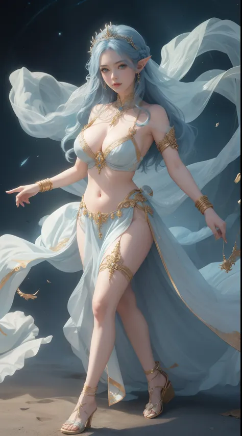 tmasterpiece，Highest image quality，Beautiful full body portrait of noble elf dancer，Exquisite sky blue hairstyle，Clear golden eyes，veils，White midriff-baring dance costume，heeled sandals，Has a dazzling array of、Well made jewelry，Ultra-detailed details，adva...