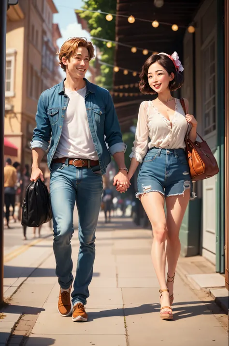 keep smile both.
disney pixar poster of a couple.
clothes,shoes,surrounding should be 3D at the end