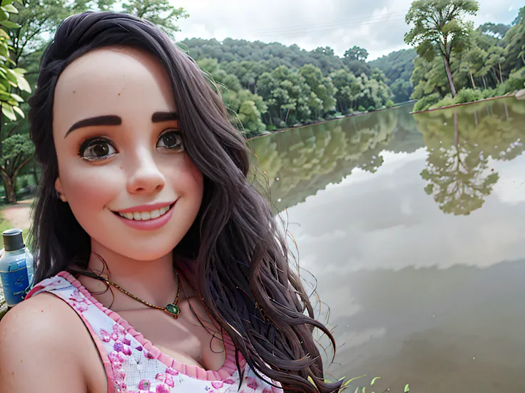 Mulher brasileira bonitade frente do lago, beautiful face, Cabelo preto longo com olhos castanhos e sombra leve, Vestindo camiseta regata rosa e branca, grande estilo de moda, looking at you with loving eyes and a soft smile, Background is a lake with tree...