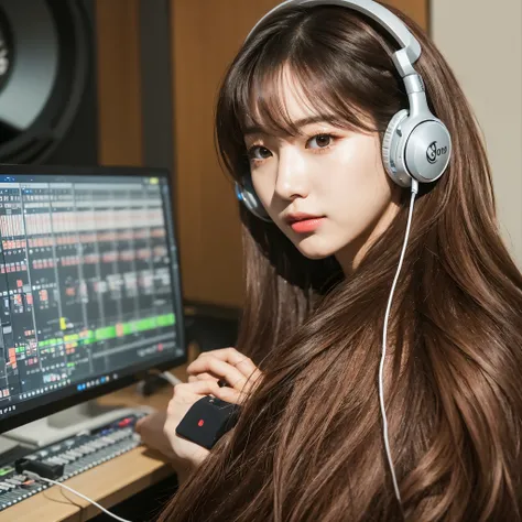 a beautiful Japanese woman is wearing a pair of earphones in a recording studio --auto --s2