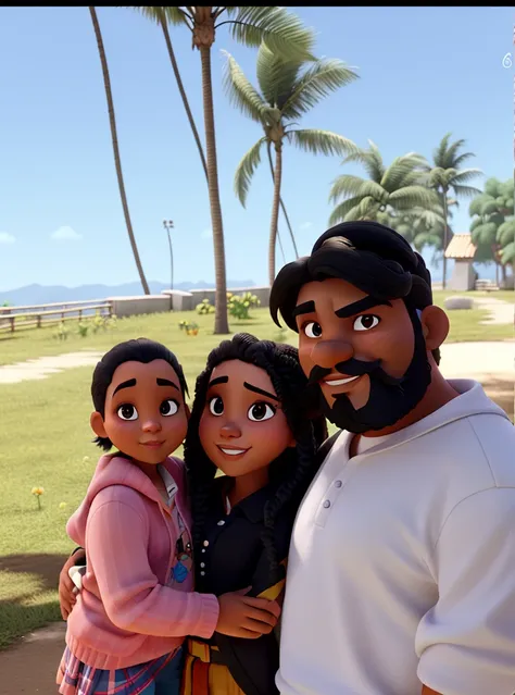 Filha com cabelos cacheados, white mother, pai negro com  bigode e barba crescendo, High quality animation style