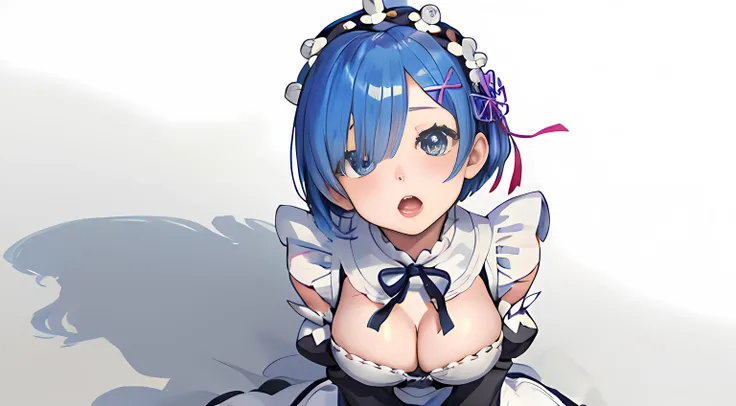 (masterpiece, best quality;1.3), ultra detailed, Looking at viewer, kissy face,   from above, open mouth,full body, kneeling,
rem_re_zero, blue hair, short hair, maid uniform, hair ornament, cleavage, maid headdress, detached sleeves, ribbon heart-shaped p...