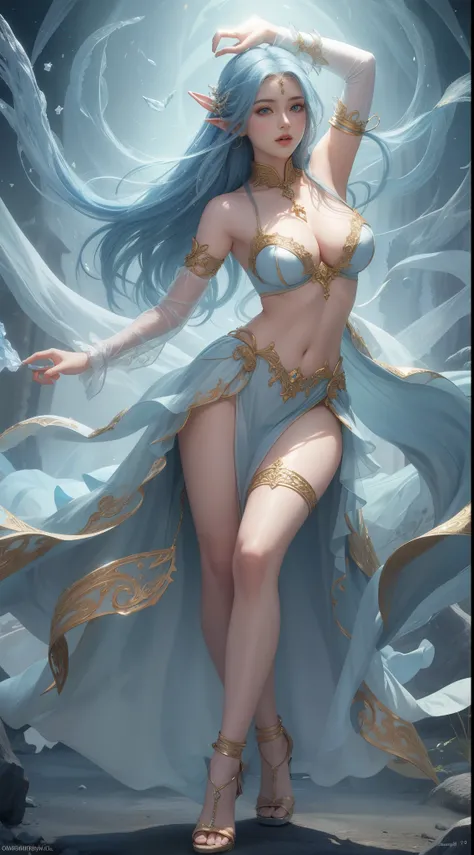 tmasterpiece，Highest image quality，Beautiful full body portrait of noble elf dancer，Exquisite sky blue hairstyle，Clear golden eyes，veils，White midriff-baring dance costume，heeled sandals，Has a dazzling array of、Well made jewelry，Ultra-detailed details，adva...