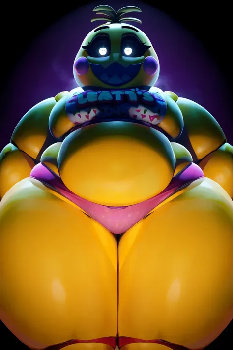 Chica from Five Nights at Freddys, ((insanely big thighs)), ((fat rolls)), ((gigantic hips)), massive lower body, (thighs several times wider than body), thighs occupy lower half of frame, ((massive thighs)), ((ssbbw)), ((obese)), plain pink panties, panti...