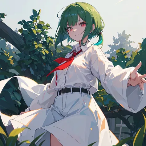 white_Background,1girl in, 独奏, Lori, 小柄,(Night_skyporn), (very_Curta_Green_hair), Hairstyle Bob, (Red_Eyes), Medium_small tits, (white_Shirt:1.5), (windbreaker), (portlate), blazing_Eyes,((​masterpiece)), (Hi-Res), (best_quality), (highly_Detailed), (Origi...