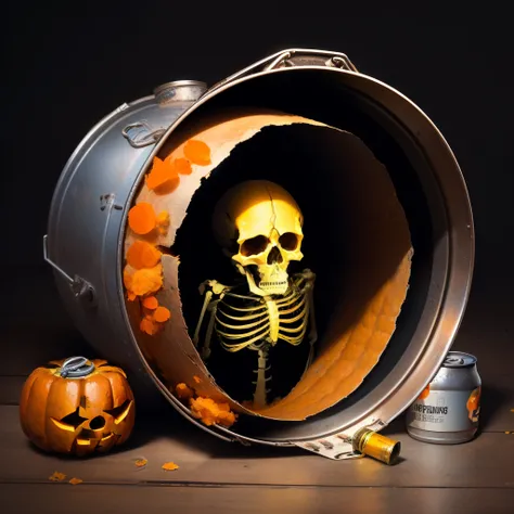 Skeleton with a pumpkin head inside of a toxic can and bubbled coming out of the toxic can and the skeleton holding a sniper