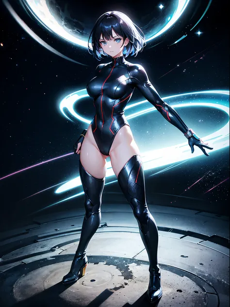 1girl, superhero, mature woman, leotard, bare legs, boots, gloves, atoms, glowing body, light surrounding her body, light particles, space backdrop, standing, hand on hip, cowboy shot, full body shot, superpower.