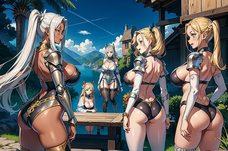 (masterpiece), maximum quality, (fantasy:1.1), (5 girls, group shot:1.4), (slim body:1.1), (huge tits:1.5), (dark skin:1.1), (muscles:1.1), blonde hair, silver hair, twin tails, braid, forehead, (open mouth, happy smile:1.1), (jewelry, knight armor, intric...