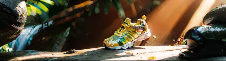 Display of a shoe，tmasterpiece，Highest quality,（The best illustration），Rainforest theme with natural elements in the background，shoes on the ground，rays of sunshine（nature elements），Ray traching，超詳細，真实感，3Drenderingof