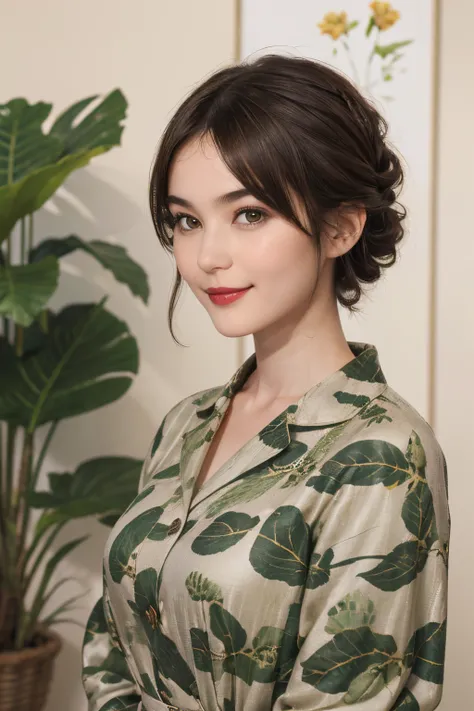 113
(a 20 yo woman,is standing), (A hyper-realistic), (high-level image quality), ((beautiful hairstyle 46)), ((short-hair)), (Gentle smile), (breasted:1.1), (wildlife print clothing), (There is a chameleon), (lipsticks)