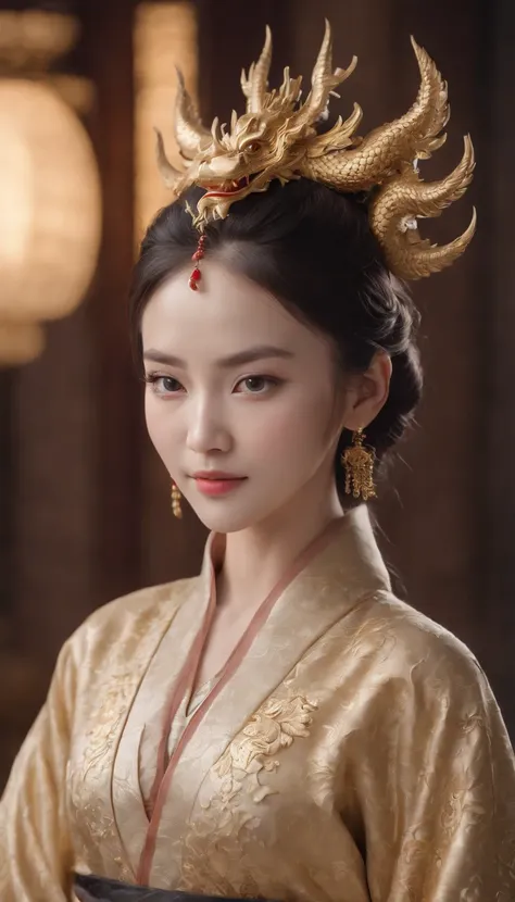 (best quality,4k,highres,masterpiece:1.2),ultra-detailed,realistic,portrait,detailed eyes,noble expression,detailed lips,long eyelashes,[Imperial Dragon Robe],gold and black,dragon embroidered,regal posture,emperor,throned on a Dragon Throne,ornate,[Golden...