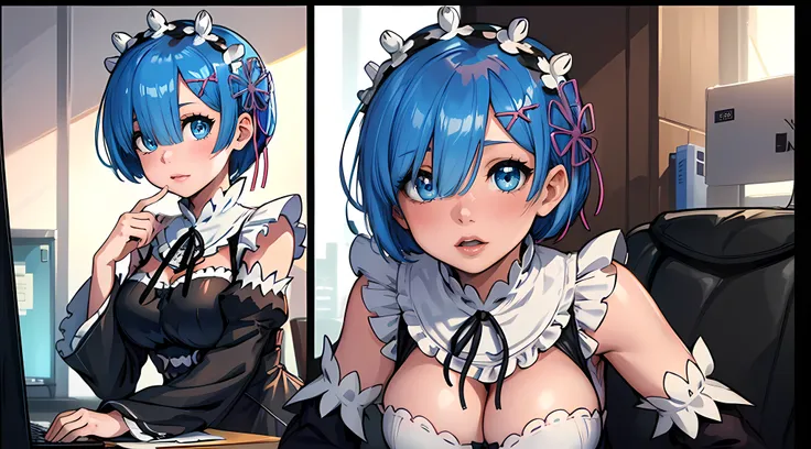 (best quality:1.3), (4k quality), 1 mature woman, rem by re:zero, curvy body, ((Detailed face)), (blush), ((secretary clothing)), (office)