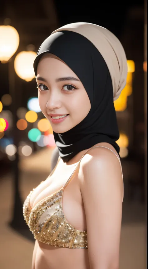 colorful bellydancer, harem, cleavage, (((hijabi))), masterpiece, best quality, 8k, 18yo, teen, raw photo, absurdres, award winning portrait, smile, smile, solo, night, neon, idol face, violaceaess, gardeniass, delicate girl, DSLR, looking at viewer, candi...