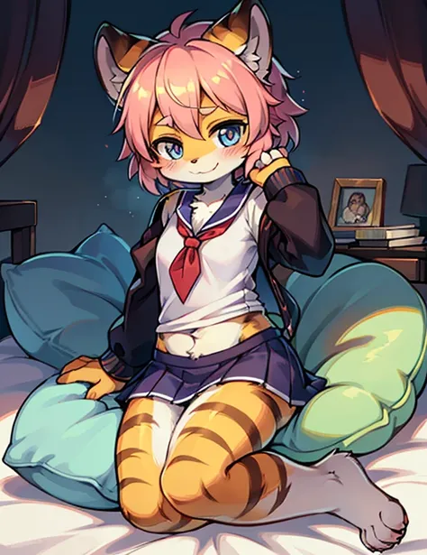 Alone, beast wild, fluffy woman, Tigre, Tiger Ears, (tiny ears), (max detail), (light and shadows),Tigertail, Pink tomboy hairstyle, pillow background, Cute girl in school shirt posing on pillow, pupils, School skirts, (deep blues), School shirts, (The whi...