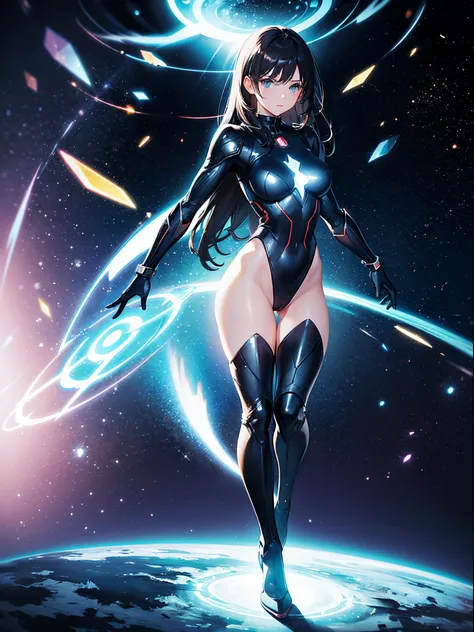 1girl, superhero, mature woman, leotard, bare legs, boots, gloves, atoms, glowing body, light surrounding her body, light particles, space backdrop, standing, hand on hip, cowboy shot, full body shot, superpower.