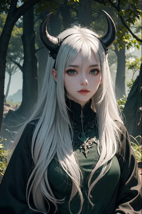 Female demon,silver hair,dark green eye,black horn,dark green and black root tree costume