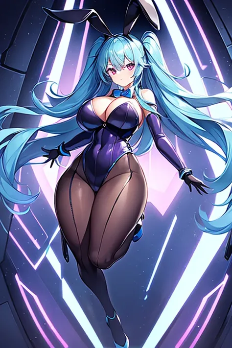 1girl, blue hair, large breasts, bunny ears, rabbit ears, wide hips, bodysuit, black bodysuit, long hair, science-fiction, tech, futuristic, machinery, full body, ((full body)), neon trim, purple eyes