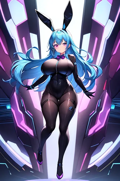 1girl, blue hair, large breasts, bunny ears, rabbit ears, wide hips, bodysuit, black bodysuit, long hair, science-fiction, tech, futuristic, machinery, full body, ((full body)), neon trim, purple eyes