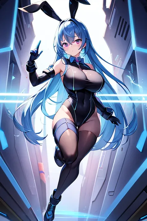 1girl, blue hair, large breasts, bunny ears, rabbit ears, wide hips, bodysuit, black bodysuit, long hair, science-fiction, tech, futuristic, machinery, full body, ((full body)), neon trim, purple eyes