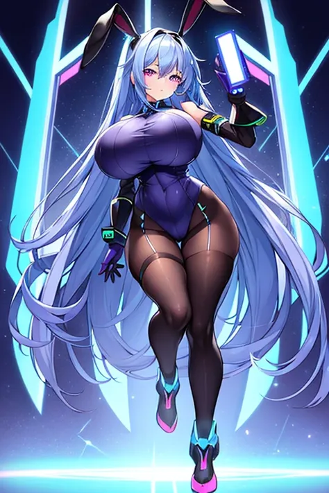 1girl, blue hair, large breasts, bunny ears, rabbit ears, wide hips, bodysuit, black bodysuit, long hair, science-fiction, tech, futuristic, machinery, full body, ((full body)), neon trim, purple eyes