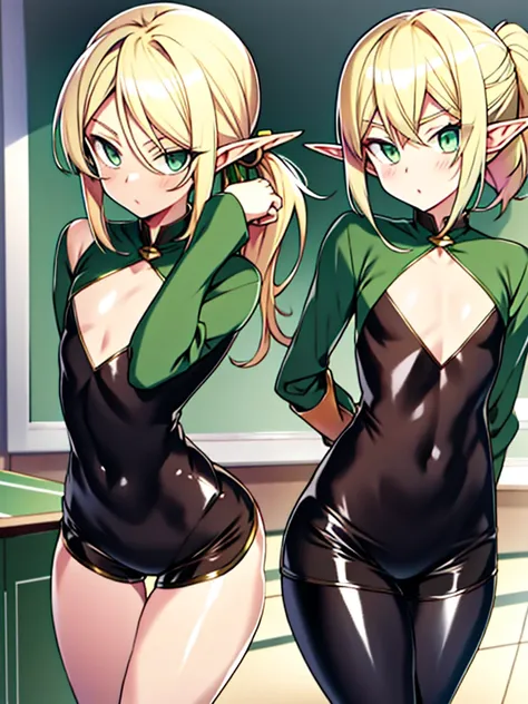 Flat chest, loli, blonde hair, big green eyes, low ponytail, parted bangs, (shiny skin:1.2), classroom, tight clothes, wide hips, thighs, full body, short shorts, (masterpiece:1), (abundant detail:1), arched back, elf ears