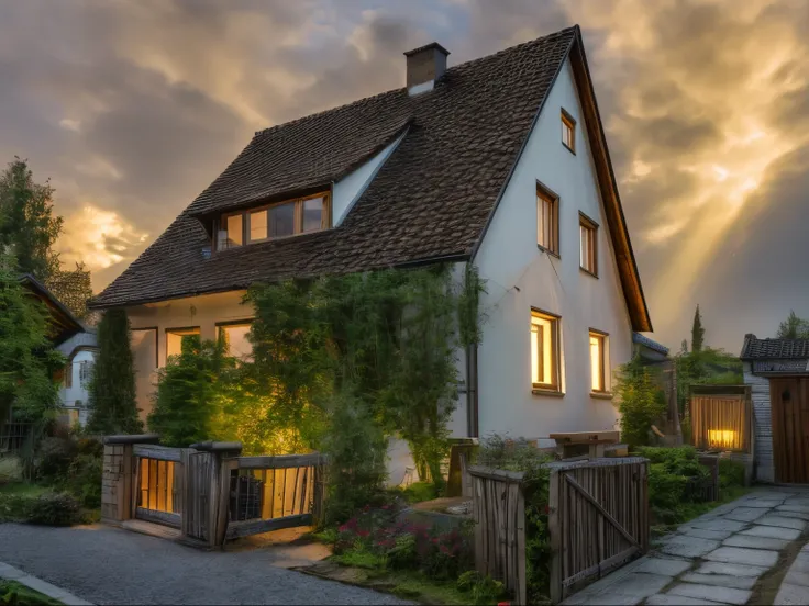 raw photo of year 1955 german medieval mitteldeuschland (8m x 10m) small einfamilienhaus. we see the south side, the backyard an...