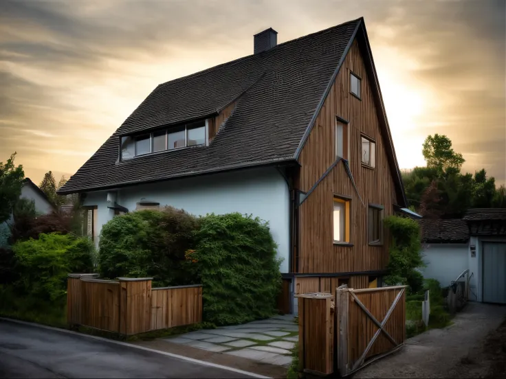 raw photo of year 1955 german medieval mitteldeuschland (8m x 10m) small einfamilienhaus. we see the south side, the backyard an...