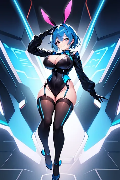 1girl, blue hair, large breasts, bunny ears, rabbit ears, wide hips, bodysuit, black bodysuit, short hair, very short hair, science-fiction, tech, futuristic, machinery, full body, ((full body)), neon trim, happy, light smile