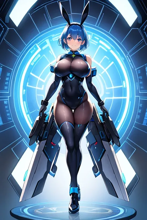 1girl, blue hair, large breasts, bunny ears, rabbit ears, wide hips, bodysuit, black bodysuit, short hair, very short hair, science-fiction, tech, futuristic, machinery, full body, ((full body)), neon trim, happy, light smile