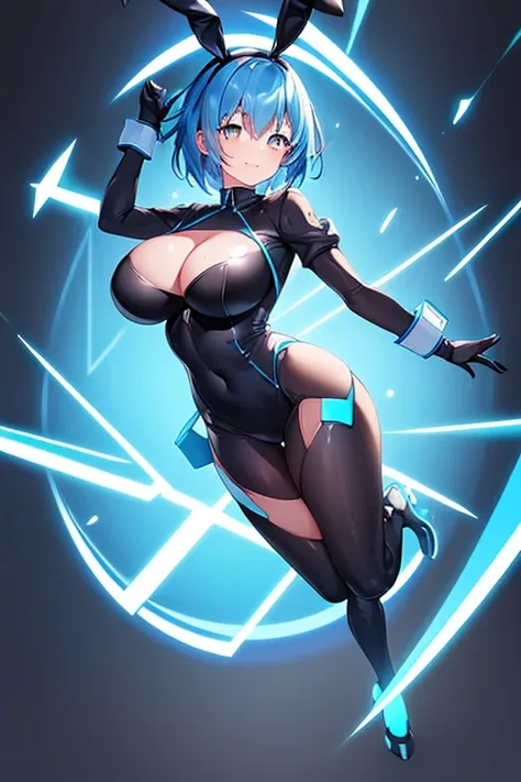 1girl, blue hair, large breasts, bunny ears, rabbit ears, wide hips, bodysuit, black bodysuit, short hair, very short hair, science-fiction, tech, futuristic, machinery, full body, ((full body)), neon trim, happy, light smile