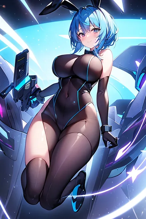 1girl, blue hair, large breasts, bunny ears, rabbit ears, wide hips, bodysuit, black bodysuit, short hair, very short hair, science-fiction, tech, futuristic, machinery, full body, ((full body)), neon trim, happy, light smile