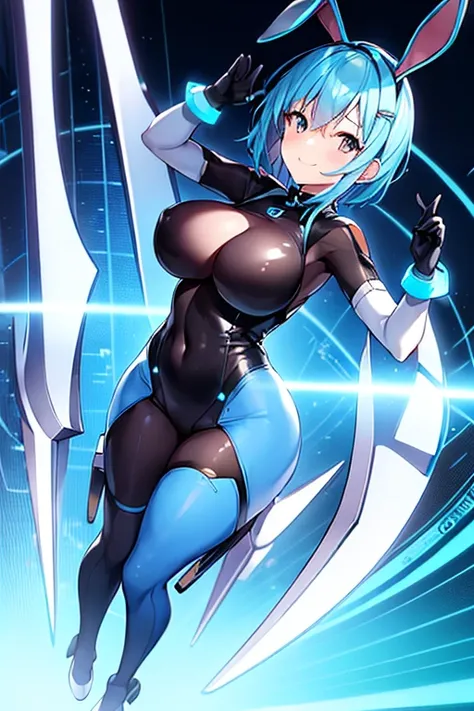 1girl, blue hair, large breasts, bunny ears, rabbit ears, wide hips, bodysuit, black bodysuit, short hair, very short hair, science-fiction, tech, futuristic, machinery, full body, ((full body)), neon trim, happy, light smile