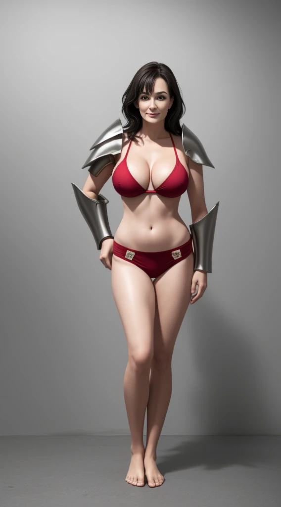 1girl full body, barefoot, standing straight, looking to the viewer, red bikini armor, big breast chestplate silver armor, long hair, white skin, thighs, crossing legs, 1solo milf woman,chestplate cover with both hands, Lisa Ann, bedroom background