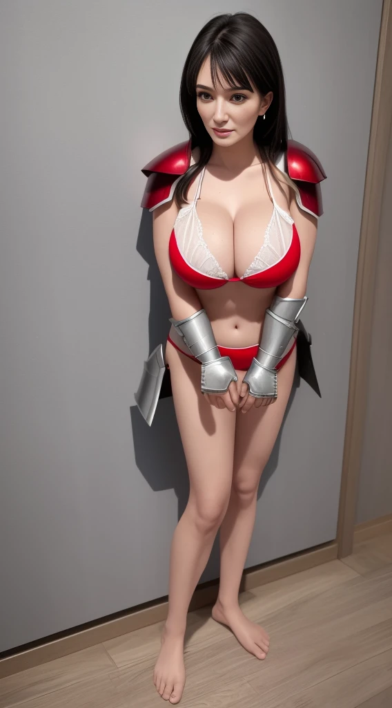 1girl full body, barefoot, standing straight, looking to the viewer, red bikini armor, big breast chestplate silver armor, long hair, white skin, thighs, crossing legs, 1solo milf woman,chestplate cover with both hands, Lisa Ann, bedroom background