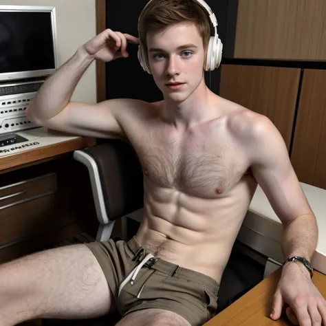 high quality, shirtless, white, male, pale skin, cute, brunette, 20 years old, skinny, medium length messy brown hair, nipples, chest hair, leg hair, armpit hair, sitting in radio station booth, khaki dress shorts, microphone, soundboard, headphones, ash t...