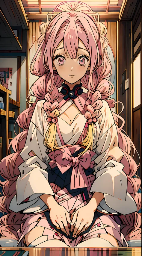 (MitsuriDS:1.2),Anime girl with pink hair and white shirt sitting at the table, Anime rapunzel girl, seductive anime girls, Blonde long hair anime girl, ribbon in her hair, finely detailled. Japanese cartoon, illustrious makinami, Look at the audience