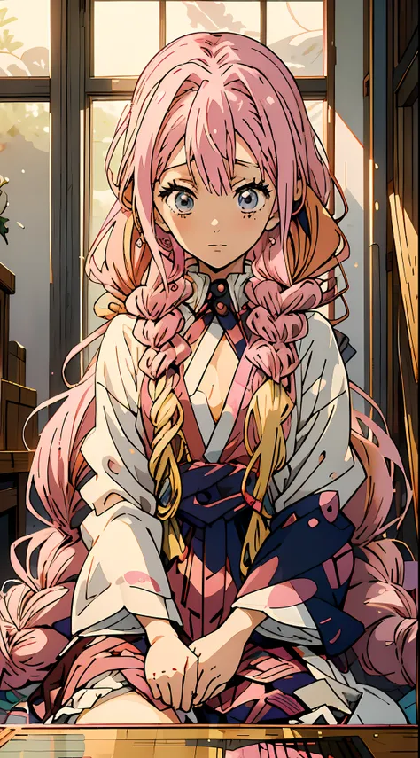 (MitsuriDS:1.2),Anime girl with pink hair and white shirt sitting at the table, Anime rapunzel girl, seductive anime girls, Blonde long hair anime girl, ribbon in her hair, finely detailled. Japanese cartoon, illustrious makinami, Look at the audience