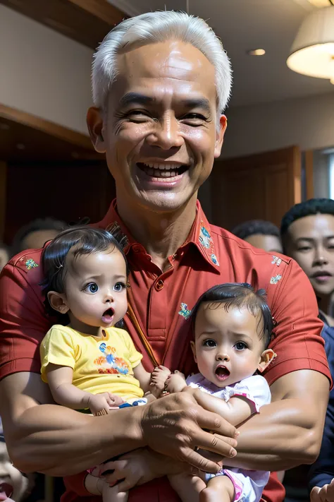 Ganjar white-haired man, south east asian, young, carrying a baby, surrounded with happy children ((cinematic light)), colorful, hyper detail, dramatic light, intricate details, best quality, (extremely detailed CG unity 8k wallpaper, masterpiece, best qua...